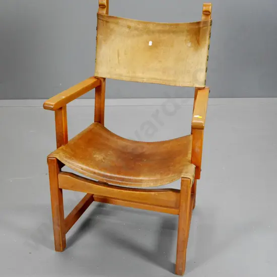 solid timber framed occasional chair with slung leather seat and back - age wear to leather H-900 W-560 D-480