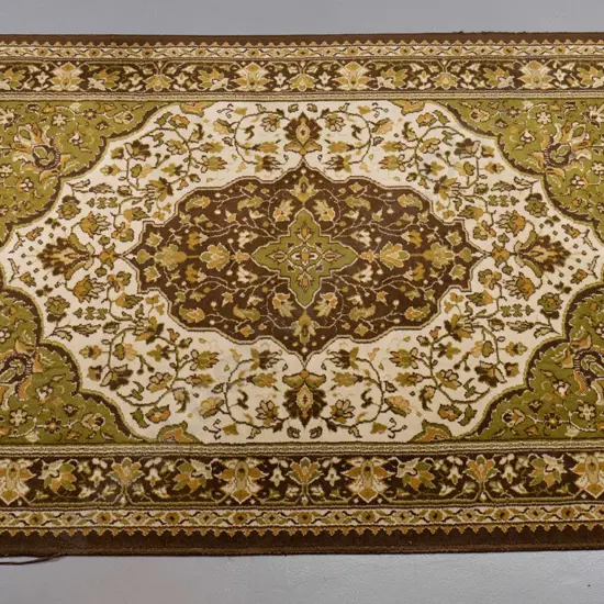woven wool Persian style floor rug - olive green, brown and gold - some fraying L-2100 W-1370