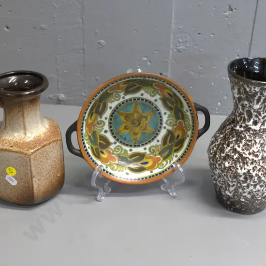 Gouda handled dish and 2 German pottery vases - taller is H-210 D-120