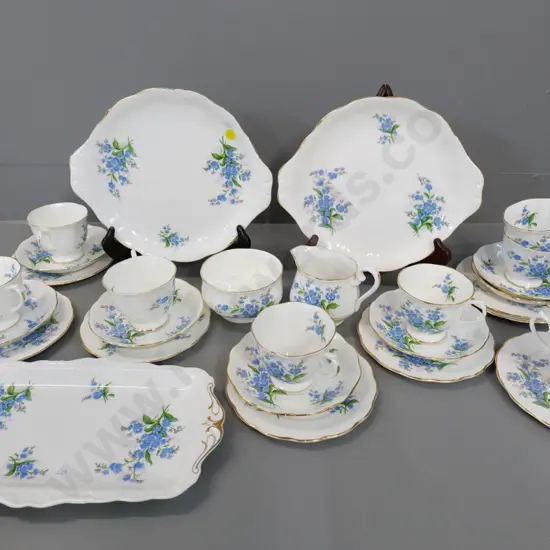 Royal Albert Forget-Me-Not tea set w/ 2 cake plates, sandwich tray, cream, sugar, 8 trios but missing one saucer