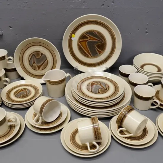 large collection of Crown Lynn 'Landscape' pattern Earthstone tableware - plates, tea & coffee cups & saucers, jug