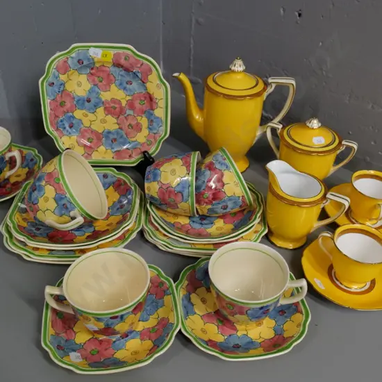 Adams Titian floral teaware w/2 breakfast trios, 4 cups. saucers, 3 plates. a few chips. and Noritake coffee-for-two set