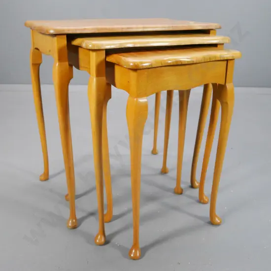 set of 3 nesting cab-leg blond finish solid timber tables H-550 W-510 D-330