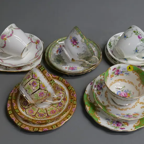 5 English fine china trios - 2 Royal Albert, 2 Shelley, 1 Aynsley