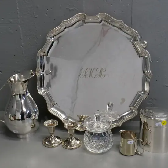 assorted silver plated items - 3-footed tray, water jug H-200, small jug, candlesticks etc - and a crystal pickle far