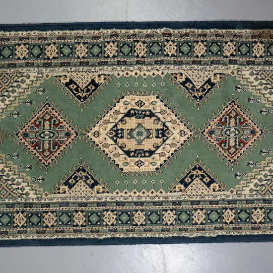 Dunya Turkish Persian style synthetic floor rug - greens and beiges L-1550 W-800