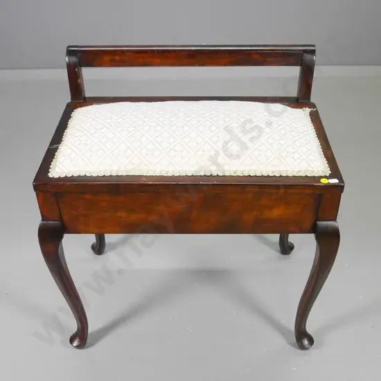 beech cab-leg damask upholstered lift-top piano stool w/low back rail H-600 W-560 D-370