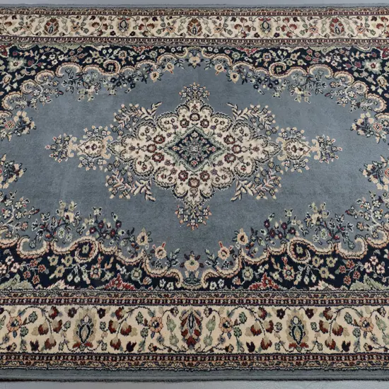 woven wool Persian style floor rug - pale blue, cream, black and red - some wear L-2380 W-1640