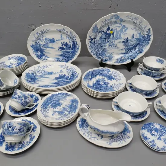 large collection of Ridgways Coaching Days blue & white tableware - 6 places w/ashett, oval dinner plates, soups, etc.