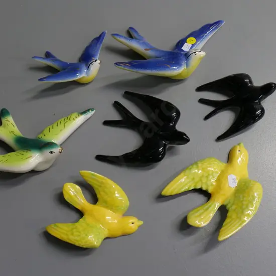 7 various porcelain wall hanging birds figures - one has chips - largest is L-190