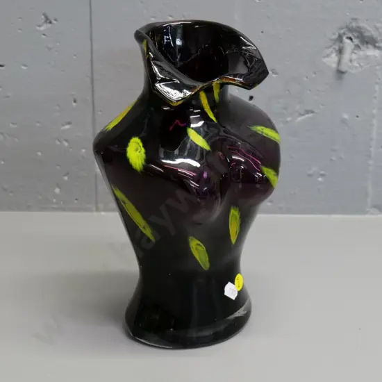 art glass bust shaped vase - dark purple with lime green H-250 W-160