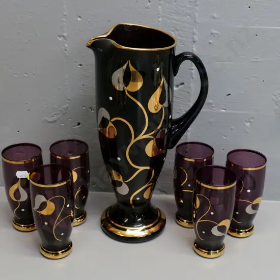retro purple and gilt pattern Bohemian glass 7-piece water set - jug is H-320. As-new condition