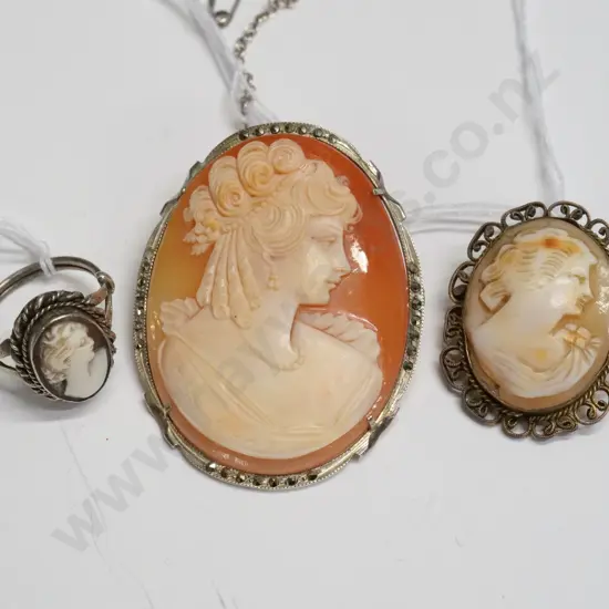 2 cameo brooches & cameo ring [no marks]