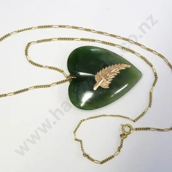 large greenstone heart necklace with gold fern leaf NZ no markings