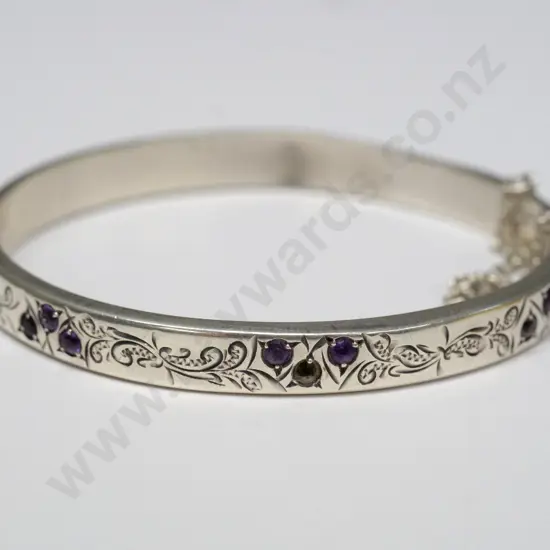 silver bangle with amethyst stones & safety chain stamped H7S stgsil made in NZ