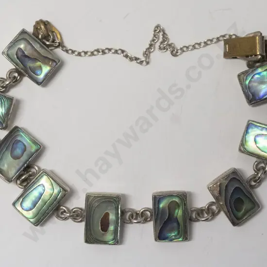 paua shell silver bracelet with satety chain stamped silver