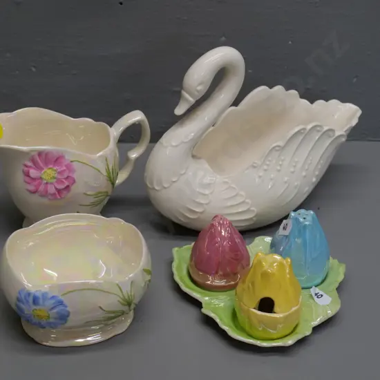 Royal Winton lustre cream & sugar, Maling lustre condiment set, and a PSJ swan vase H-150 L-200