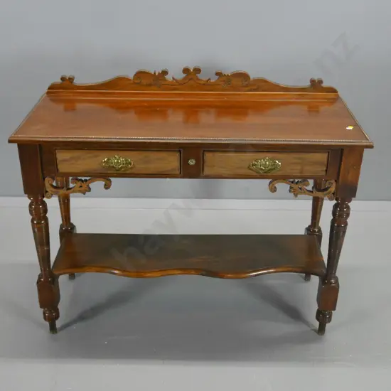 mixed timbers 2-drawer hall table with under-shelf, carved upstand and brackets, brass handles H860 W1050 D430