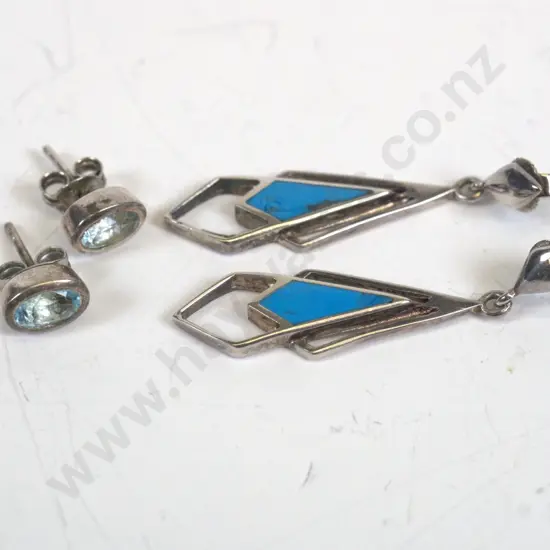 pair of aqamarine stud earrings & pair of turquoise earrings both stamped 925