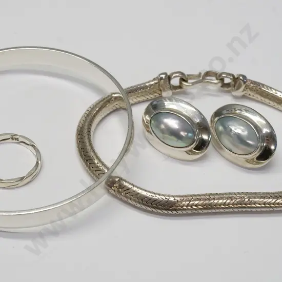 sterling silver bangle and ring, unmarked silver metal & shell earrings & a snake chain bracelet