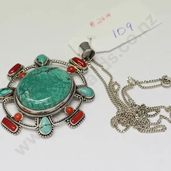 sterling, tourquoise & coral pendant stamped 925
