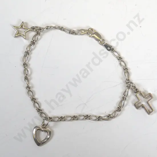 silver charm bracelet with cross, star heart charms stamped 925
