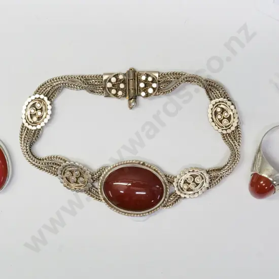silver and dull red stone items - bracelet marked 900, ring and small pendant