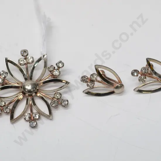 silver cz brooch & earring set [screw on] stamped sterling