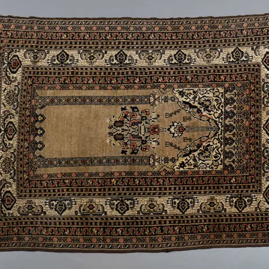 hand-knotted wool Persian floor rug - red, browns and gold L-1500 W-1100