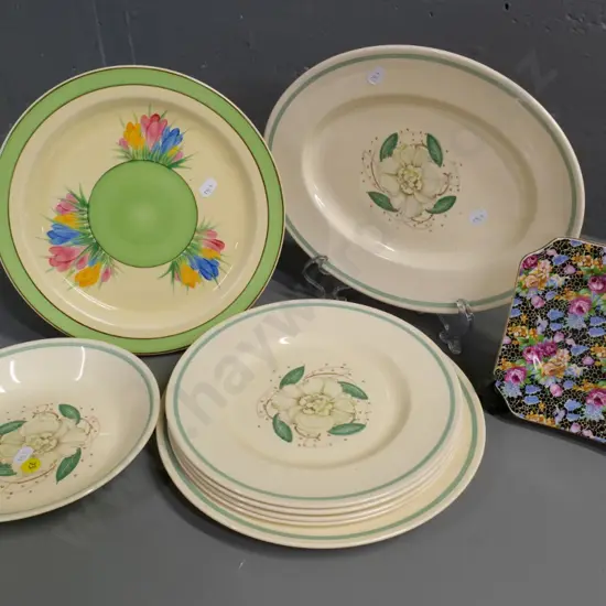 Clarice Cliff hand-painted crocus plate, 7 pieces of Susie Cooper dinnerware, and an AOF side plate