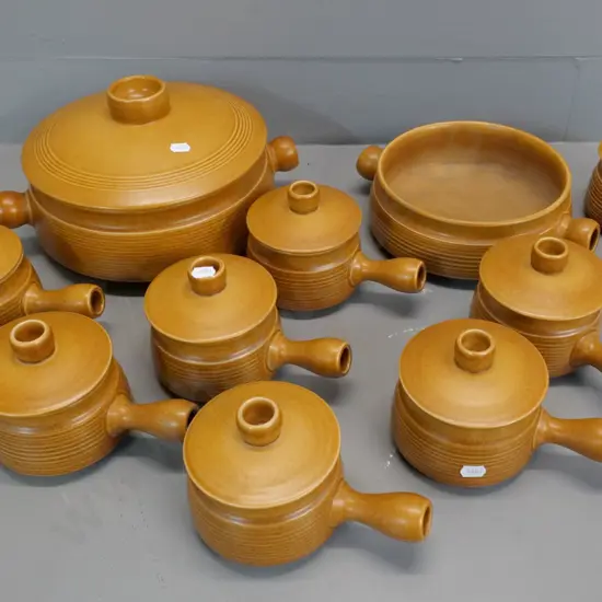 Langley oven-to-table ware - lidded casserole D-260, unlidded casserole, & 8 small lidded ramekins, casserole