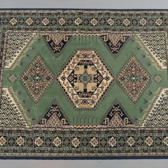 Dunya Turkish Persian style synthetic floor rug - pale green, navy, brick red & cream L-1800 W-1200