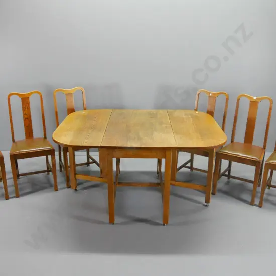 deco oak dining suite - drop-side table on casters L1430 W1070, 6 splat-back chairs, some joint movement