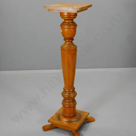 rimu indoor plant stand with turned column on square footed base - top needs attaching, polish wear H-1060 W-390 D-390