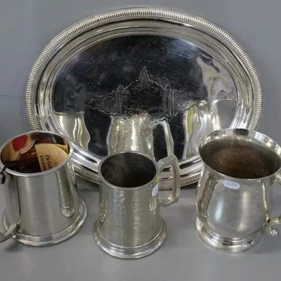plated tray L-300 S-240, some wear, Windsor New Zealand pewter mug, English pewter mug, and another plated mug