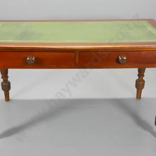 vintage kauri turned-leg writing desk w/ 2 drawers & tooled leather top, minor joint splits on top H800 W1530 D880