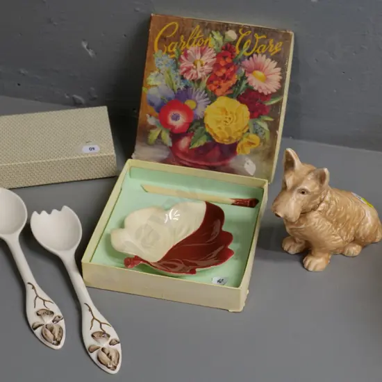 Sylvac? Scottie dog H130, boxed Carlton ware leaf pattern butter dish & knife and Magnolia salad servers