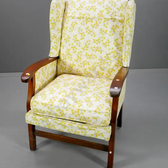 deco wing chair w/ show-wood legs & arms, printed floral fabric, arms loose, some fabric splitting H1040 W630 D620