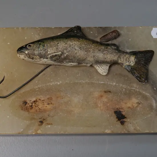 vintage alabster ashtray with metal hook and mounted porcelain fish ornament L-190 W-110