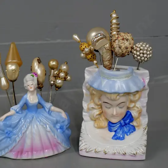 2 novelty hat pin holders with 14 assorted hat pins