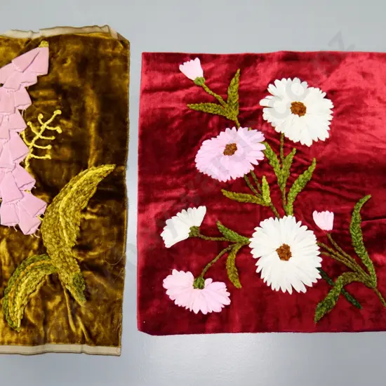 2 antique c1890s embroidery pieces with floral themes - wider one 380 x 390