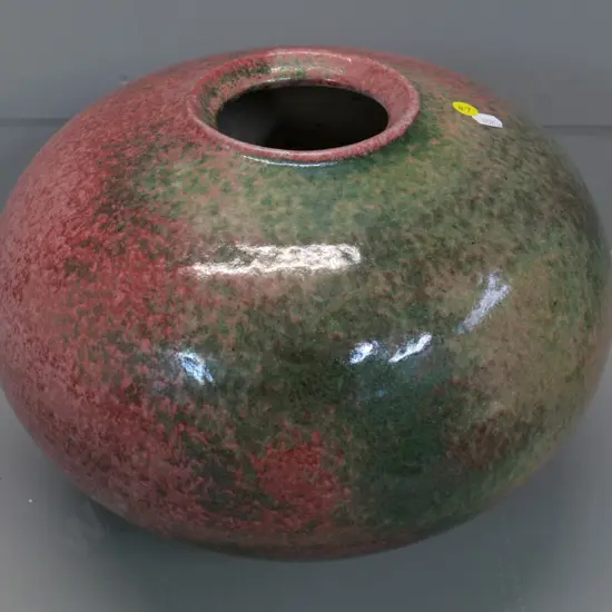 large green and pink stipple glaze studio pottery vase with unknown potters mark on base H-250 D-330