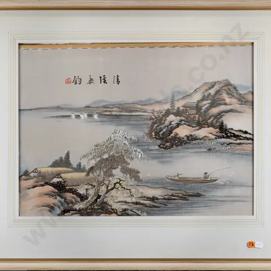 framed oriental needlework on silk - person fishing (framing needs attention) H-340 W-470
