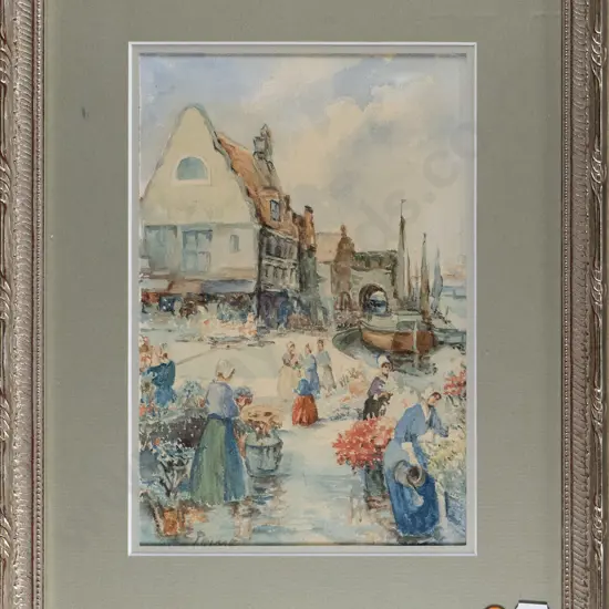 framed watercolour - ladies at flower market H-250 W-160