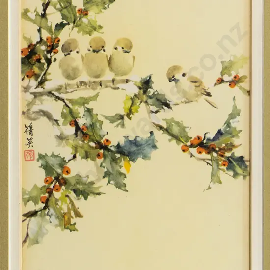 framed oriental print - birds and mistletoe H-200 W-140
