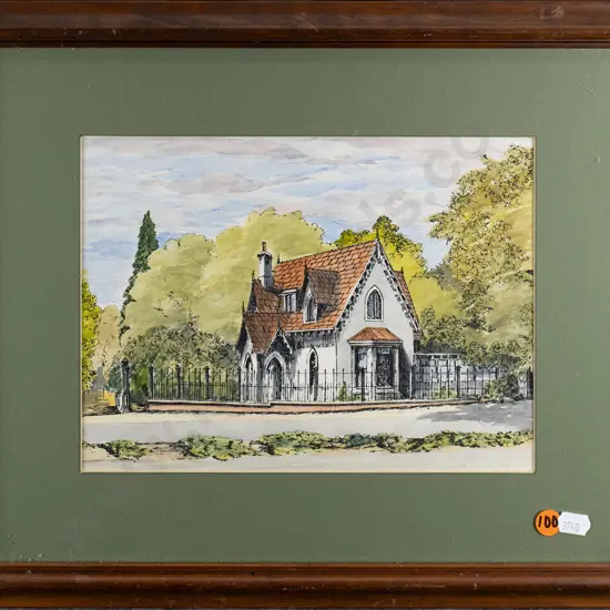Des Dean attrib - framed watercolour "The Lodge Mona Vale, Christchurch" H-180 W-240