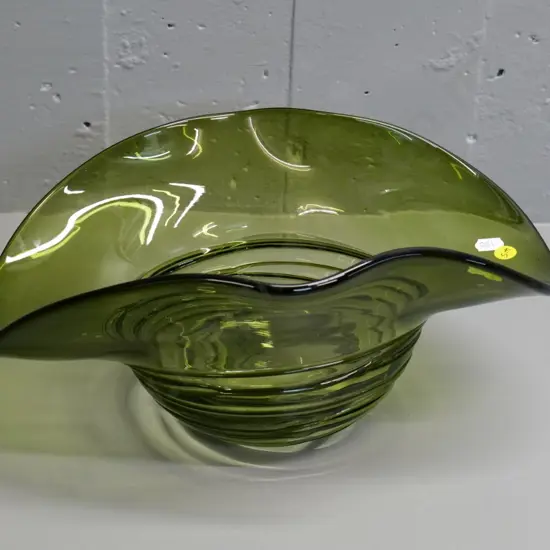 large art glass olive green free-form bowl H-160 W-365 at widest