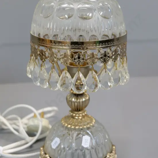 glass table lamp with cast metal stem, feet, and shade band, glass drops H-270 D-140