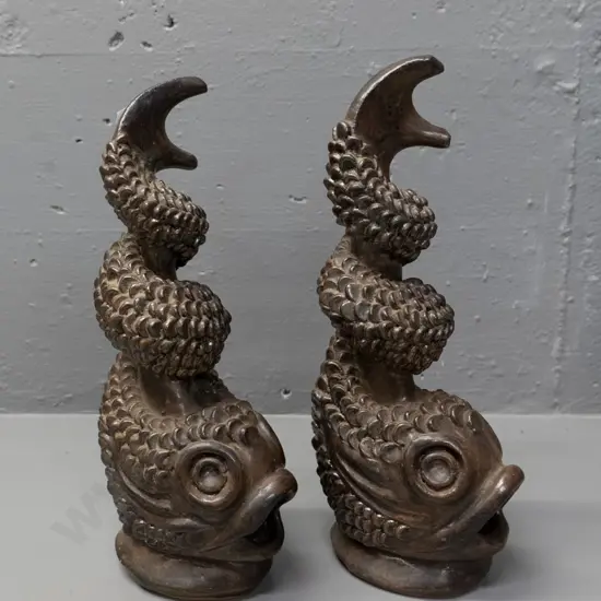 pair of pottery fish figures with spiral tails - H-300