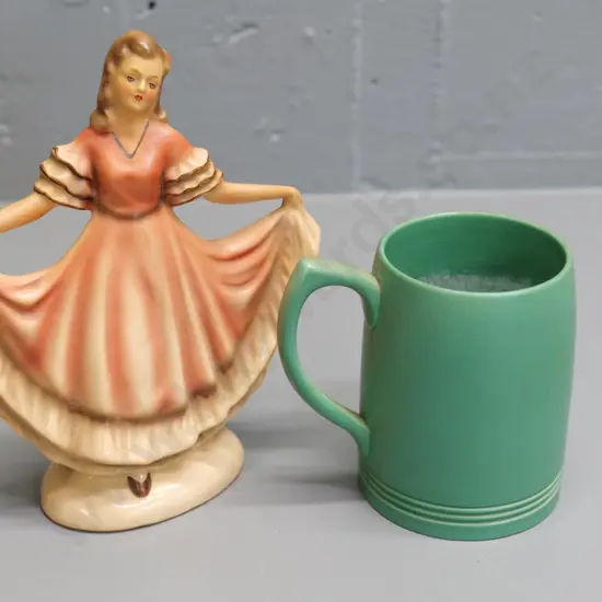 Wedgwood Keith Murray green glaze mug (some crazing) H-120 and a Dutch figurine H-220 W-170